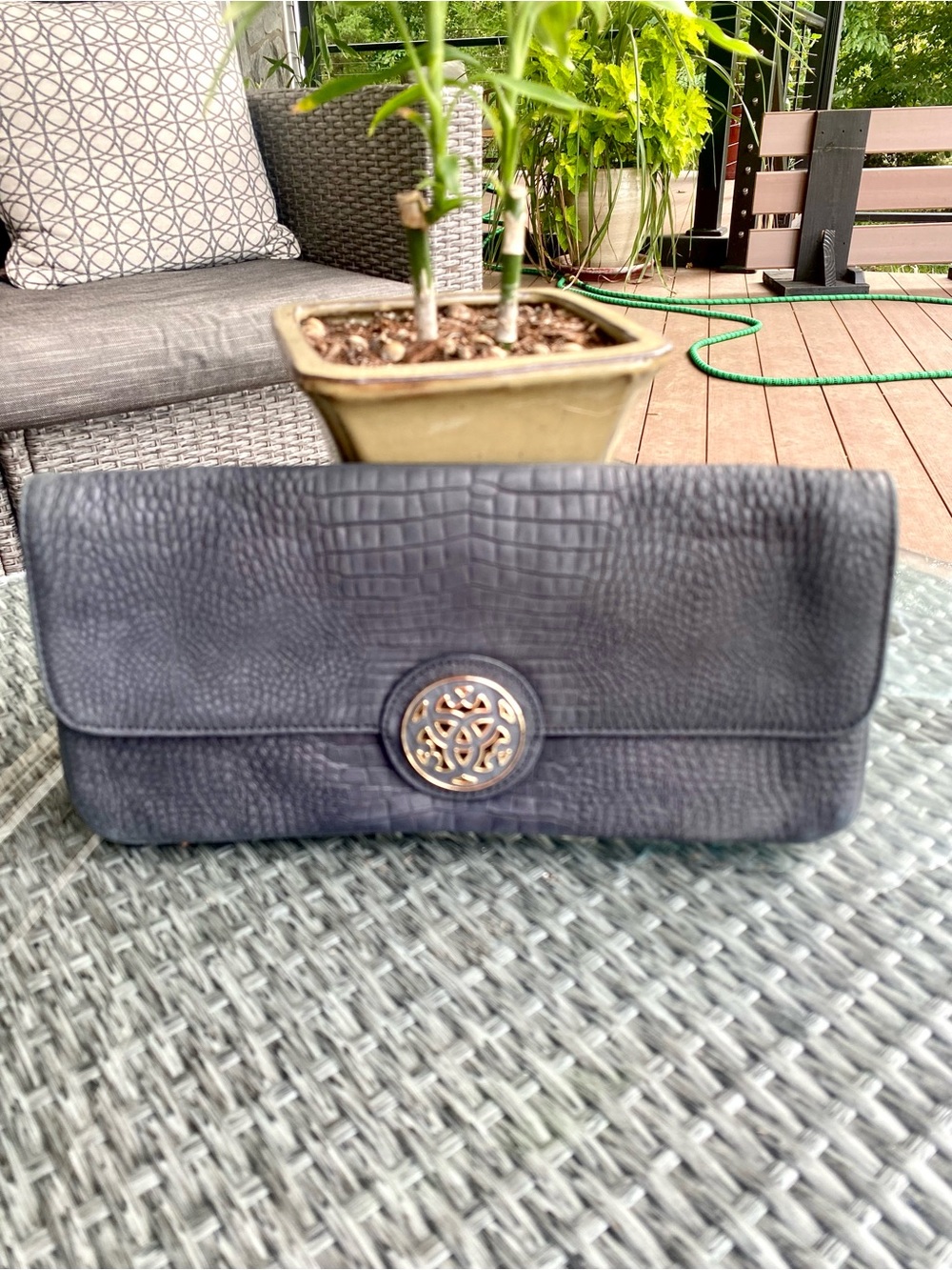 Shanghai Tang Croc-Embossed Leather Clutch with Asian Marbled & Gold Accent